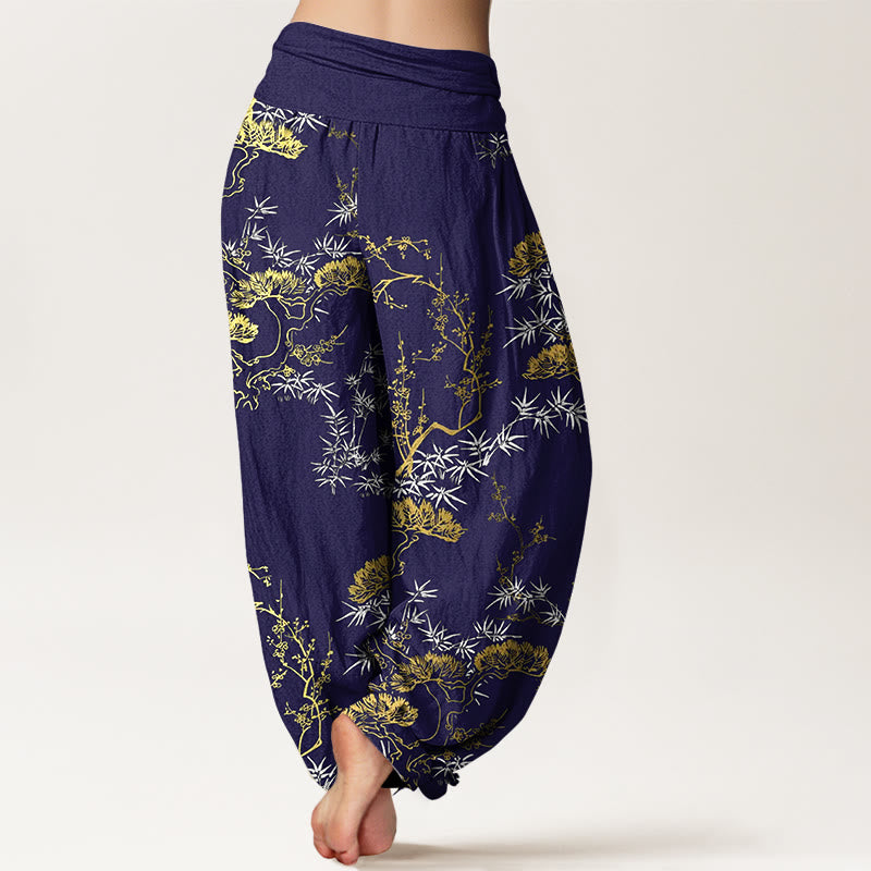 Pantalones bombachos de cintura elástica para mujer con estampado de pino, bambú y ciruelas, de algodón puro con Buddha Stones - image 9