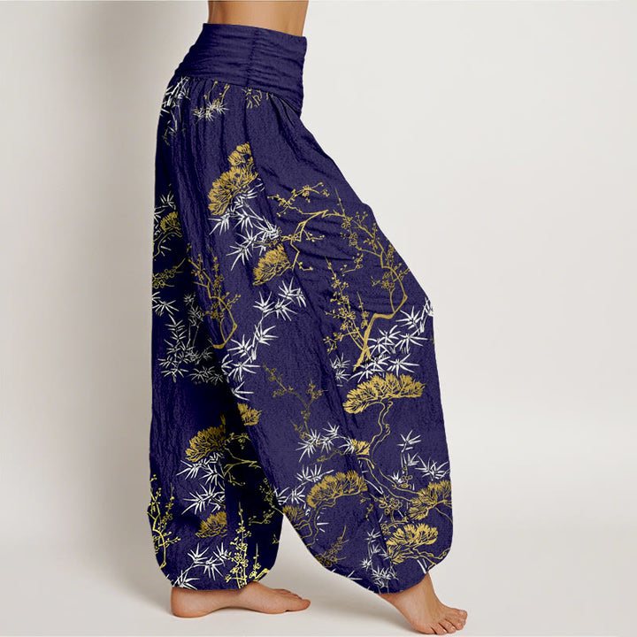 Pantalones bombachos de cintura elástica para mujer con estampado de pino, bambú y ciruelas, de algodón puro con Buddha Stones - image 10