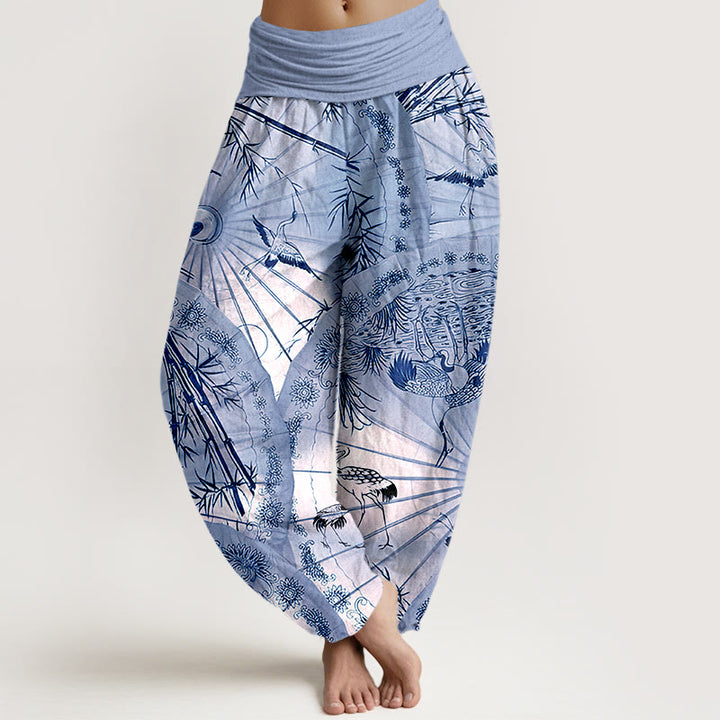 Pantalones bombachos de cintura elástica para mujer, de algodón puro con estampado de sombrilla, grulla y bambú , con Buddha Stones. - Celeste - US16，UK/AU20，EU48 (3XL) - image 5