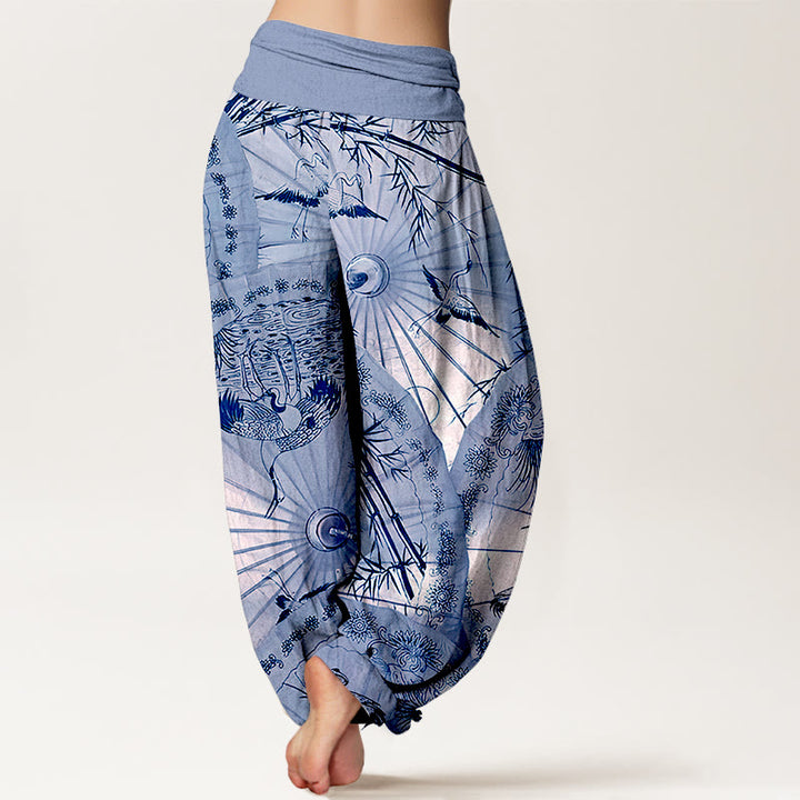 Pantalones bombachos de cintura elástica para mujer, de algodón puro con estampado de sombrilla, grulla y bambú , con Buddha Stones. - image 6