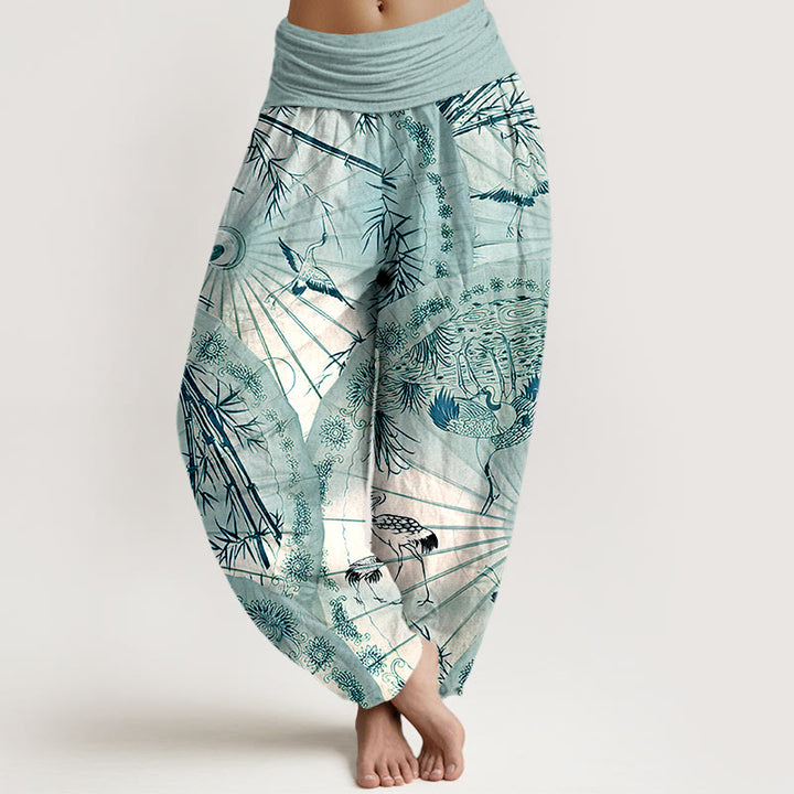 Pantalones bombachos de cintura elástica para mujer, de algodón puro con estampado de sombrilla, grulla y bambú , con Buddha Stones. - Turquesa - US16，UK/AU20，EU48 (3XL) - image 8