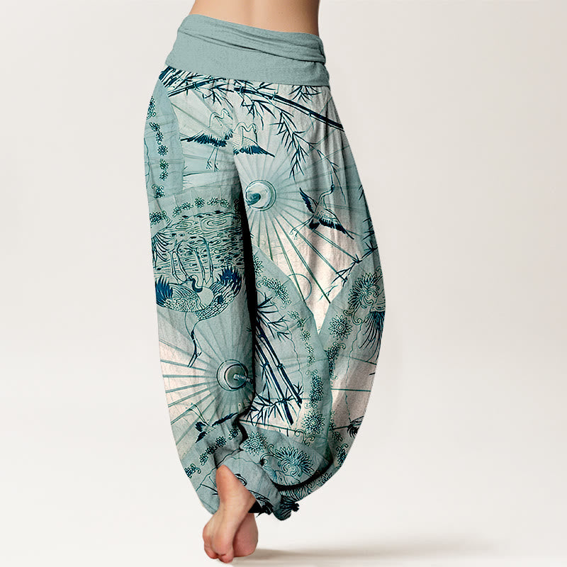 Pantalones bombachos de cintura elástica para mujer, de algodón puro con estampado de sombrilla, grulla y bambú , con Buddha Stones. - image 9