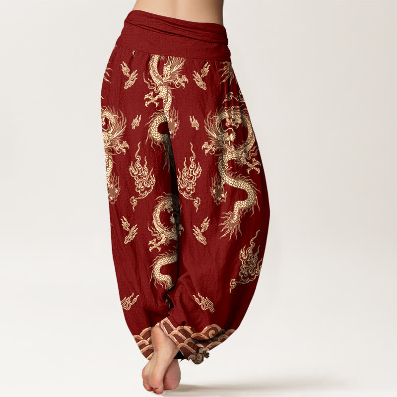 Pantalones bombachos de cintura elástica para mujer con estampado de dragones y nubes, de algodón puro con Buddha Stones. - image 1