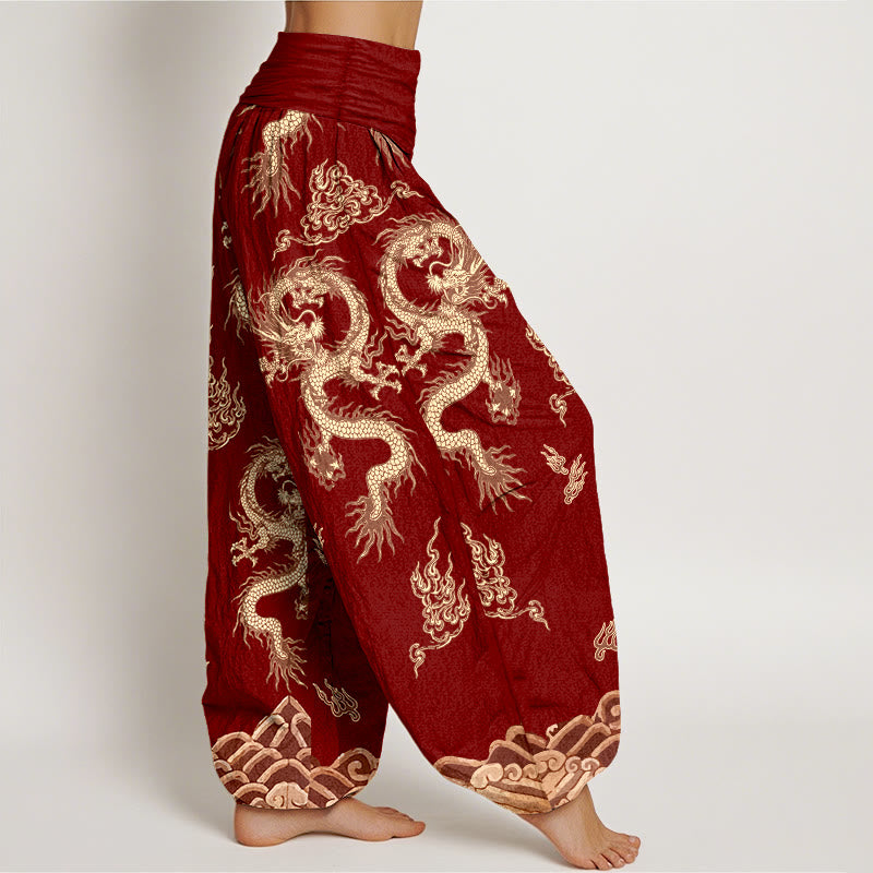 Pantalones bombachos de cintura elástica para mujer con estampado de dragones y nubes, de algodón puro con Buddha Stones. - image 2
