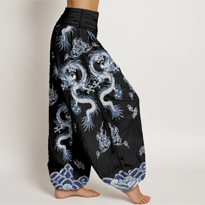 Pantalones bombachos de cintura elástica para mujer con estampado de dragones y nubes, de algodón puro con Buddha Stones. - image 7