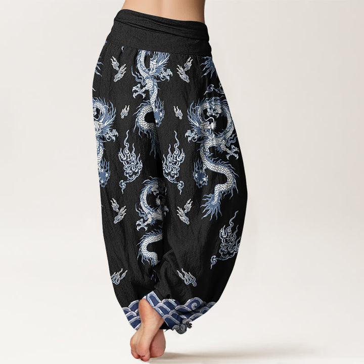 Pantalones bombachos de cintura elástica para mujer con estampado de dragones y nubes, de algodón puro con Buddha Stones. - image 6
