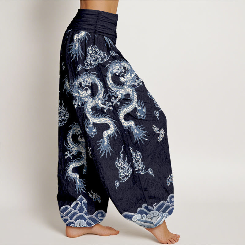 Pantalones bombachos de cintura elástica para mujer con estampado de dragones y nubes, de algodón puro con Buddha Stones. - image 10