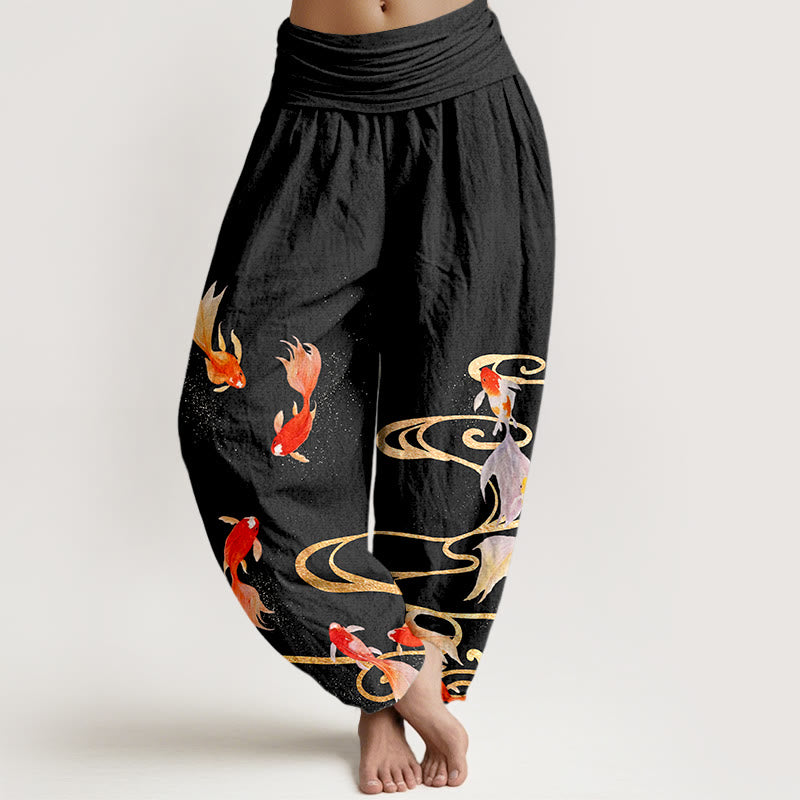 Pantalones bombachos de cintura elástica para mujer, de algodón puro con estampado de peces koi y ondas en el agua , con Buddha Stones. - Negro - US16，UK/AU20，EU48 (3XL) - image 0