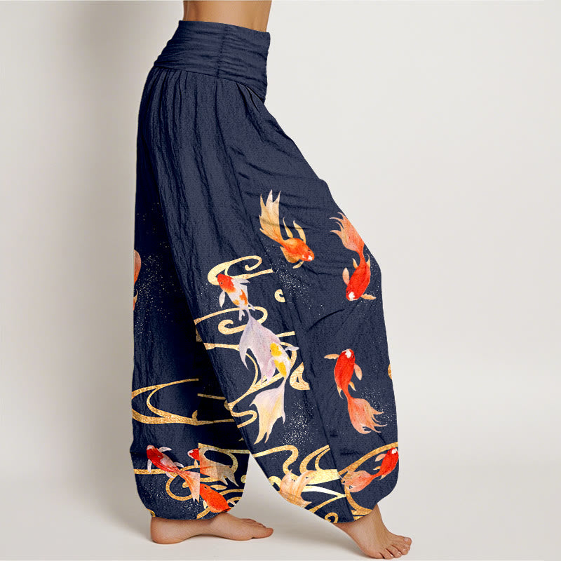 Pantalones bombachos de cintura elástica para mujer, de algodón puro con estampado de peces koi y ondas en el agua , con Buddha Stones. - image 7