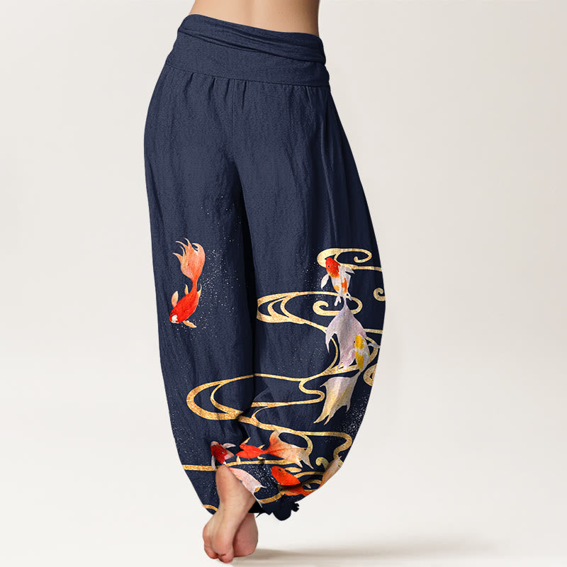 Pantalones bombachos de cintura elástica para mujer, de algodón puro con estampado de peces koi y ondas en el agua , con Buddha Stones. - image 6