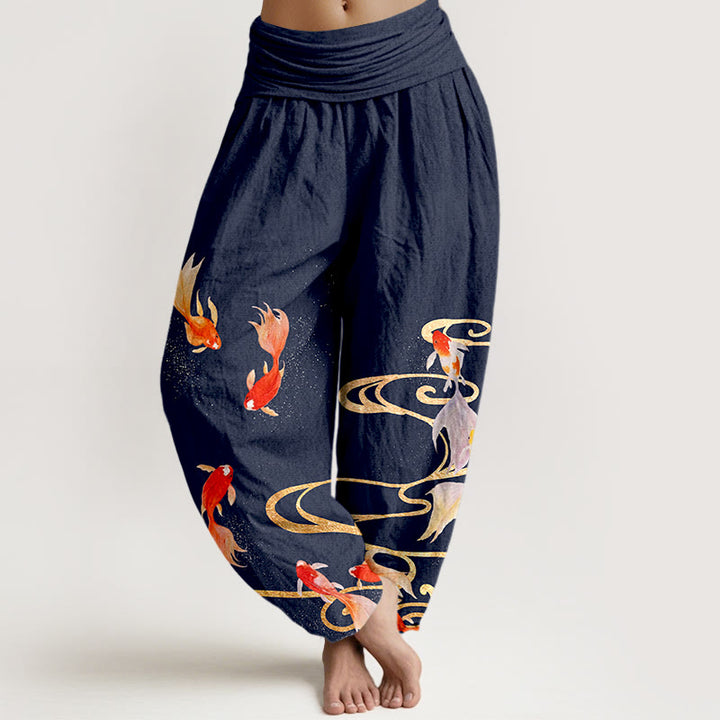 Pantalones bombachos de cintura elástica para mujer, de algodón puro con estampado de peces koi y ondas en el agua , con Buddha Stones. - Azul medianoche - US16，UK/AU20，EU48 (3XL) - image 5