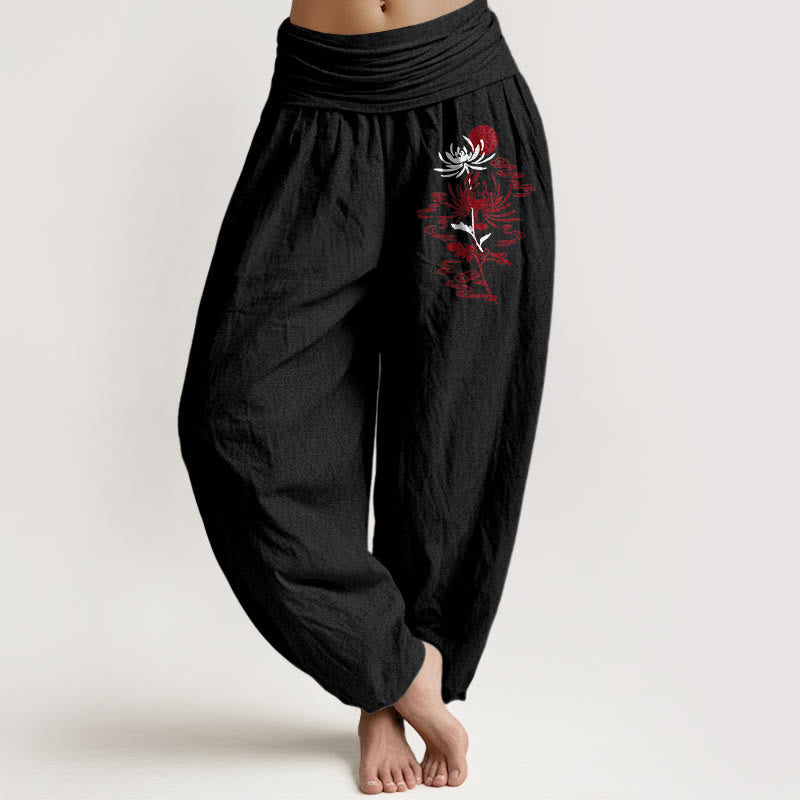 Pantalones tipo harem de algodón puro con estampado de Buddha Stones, crisantemos y soles para mujer. Cintura elástica. - Negro - US16，UK/AU20，EU48 (3XL) - image 5