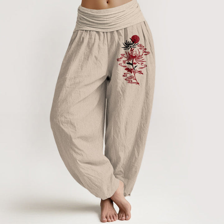 Pantalones tipo harem de algodón puro con estampado de Buddha Stones, crisantemos y soles para mujer. Cintura elástica. - Broncearse - US16，UK/AU20，EU48 (3XL) - image 0