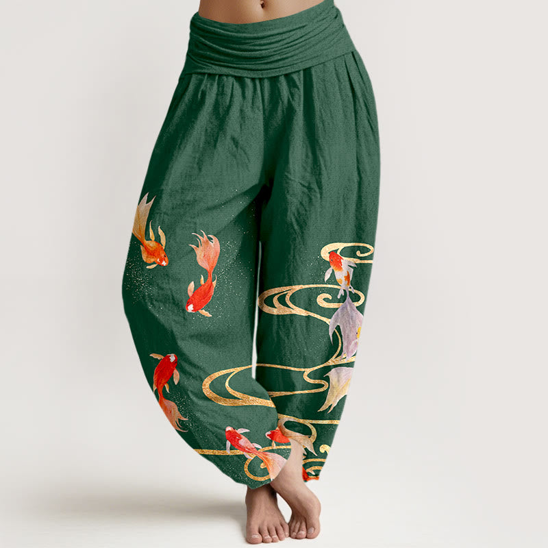 Pantalones bombachos de cintura elástica para mujer, de algodón puro con estampado de peces koi y ondas en el agua , con Buddha Stones. - Verde - US16，UK/AU20，EU48 (3XL) - image 8