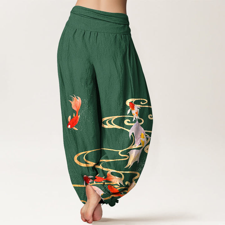 Pantalones bombachos de cintura elástica para mujer, de algodón puro con estampado de peces koi y ondas en el agua , con Buddha Stones. - image 9