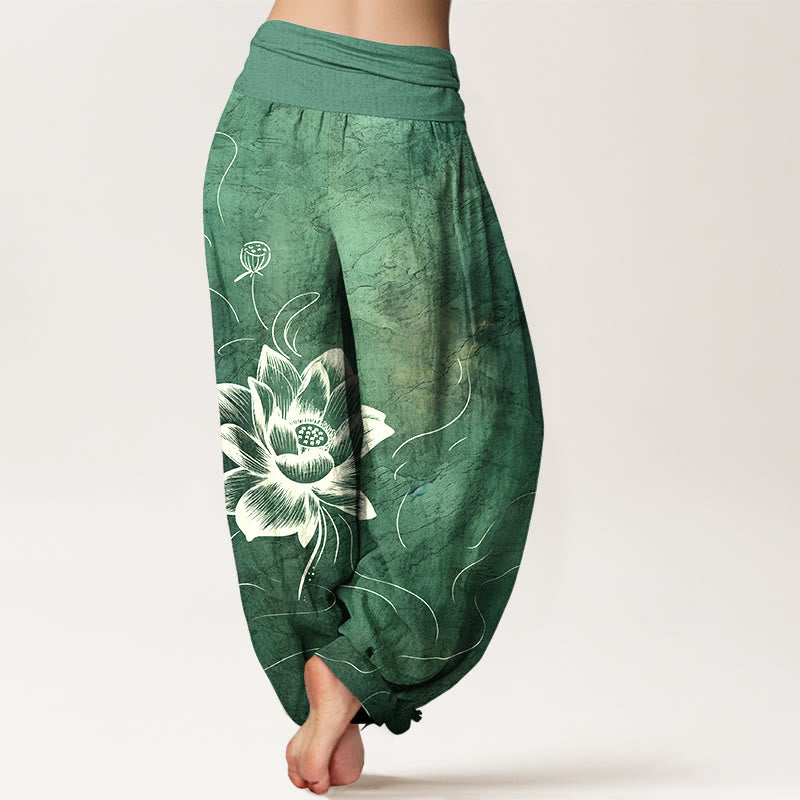 Pantalones bombachos de cintura elástica para mujer con estampado de flor de loto y estampado de piedras de Buddha Stones en algodón puro. - image 1