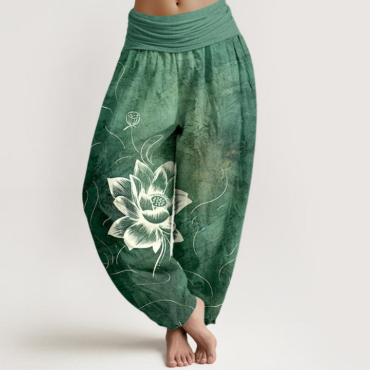 Pantalones bombachos de cintura elástica para mujer con estampado de flor de loto y estampado de piedras de Buddha Stones en algodón puro. - Verdemar - US16，UK/AU20，EU48 (3XL) - image 0