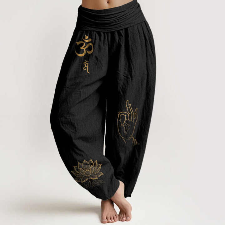 Pantalones bombachos de algodón con cintura elástica para mujer, estampado de Buddha Stones, símbolos Om Dhi, loto y mano de Buda. - Negro - US16，UK/AU20，EU48 (3XL) - image 0