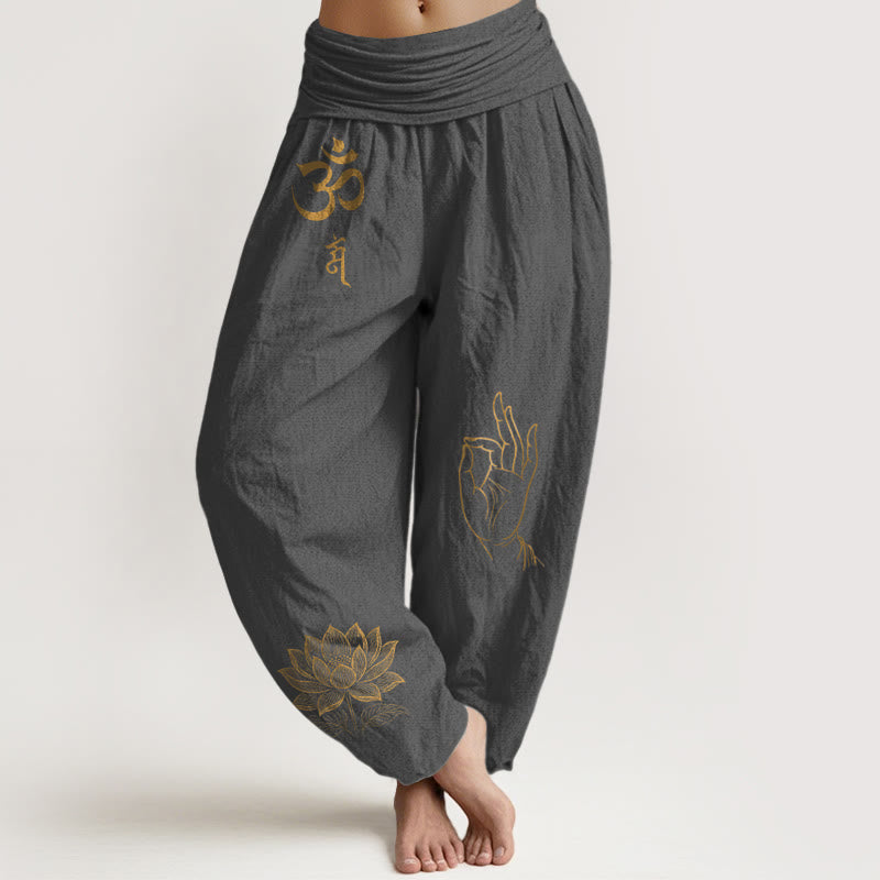 Pantalones bombachos de algodón con cintura elástica para mujer, estampado de Buddha Stones, símbolos Om Dhi, loto y mano de Buda. - Gris tenue - US16，UK/AU20，EU48 (3XL) - image 8
