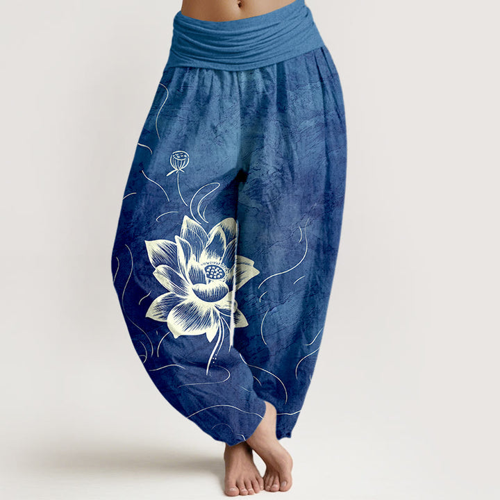 Pantalones bombachos de cintura elástica para mujer con estampado de flor de loto y estampado de piedras de Buddha Stones en algodón puro. - Azul real - US16，UK/AU20，EU48 (3XL) - image 5