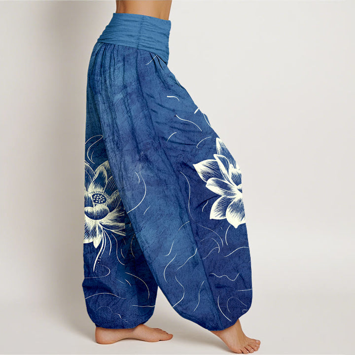 Pantalones bombachos de cintura elástica para mujer con estampado de flor de loto y estampado de piedras de Buddha Stones en algodón puro. - image 7