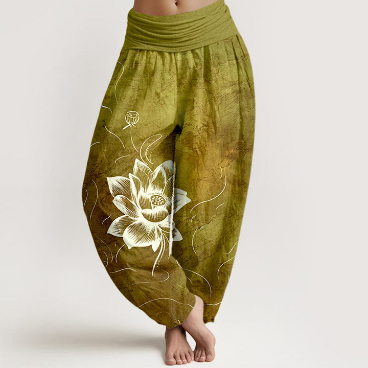 Pantalones bombachos de cintura elástica para mujer con estampado de flor de loto y estampado de piedras de Buddha Stones en algodón puro. - Vara de oro oscura - US16，UK/AU20，EU48 (3XL) - image 8