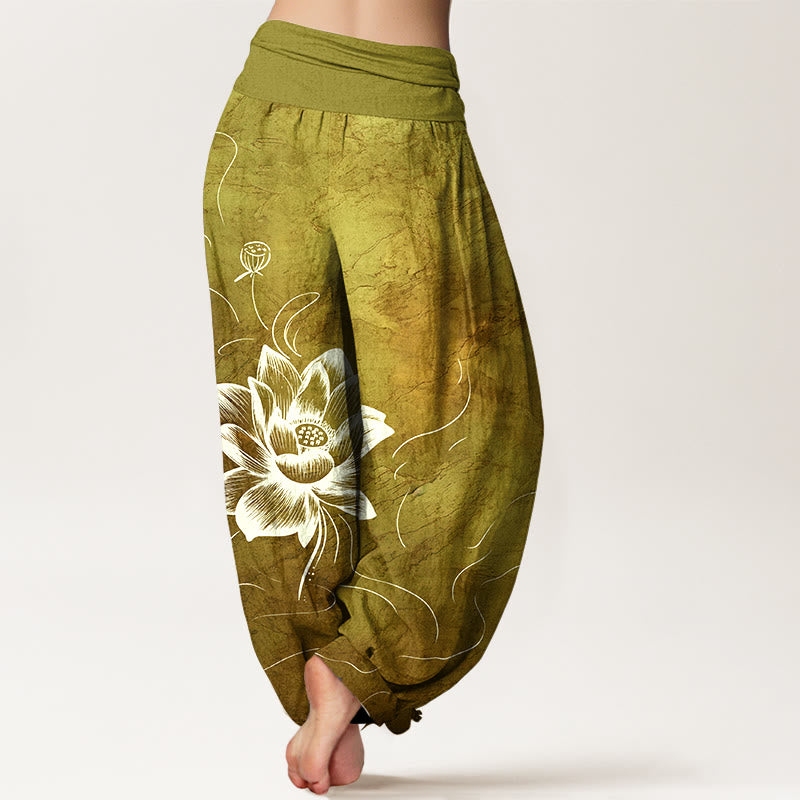 Pantalones bombachos de cintura elástica para mujer con estampado de flor de loto y estampado de piedras de Buddha Stones en algodón puro. - image 9