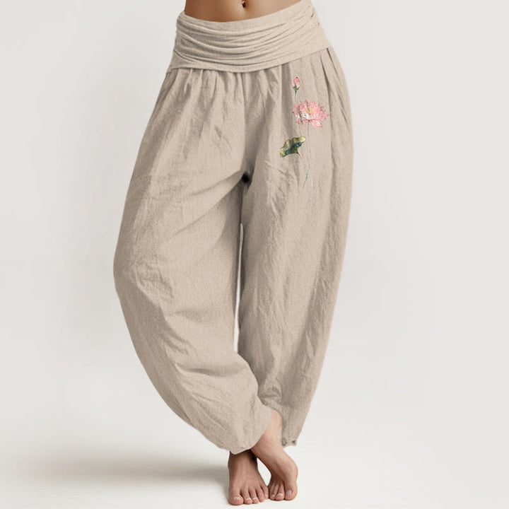 Pantalón tipo harem de algodón puro con cintura elástica, estampado de flores de loto rosa y hojas de loto con Buddha Stones. - Broncearse - US16，UK/AU20，EU48 (3XL) - image 11