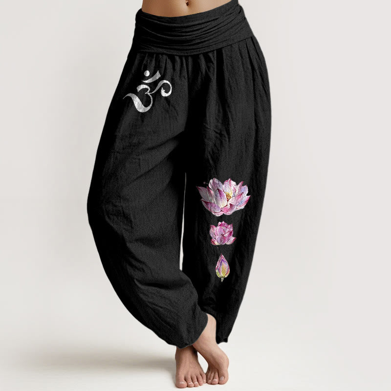Pantalones tipo harem de algodón puro con cintura elástica y estampado de Buddha Stones, loto floreciente y símbolo Om. - Negro - US16，UK/AU20，EU48 (3XL) - image 0