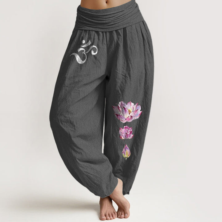 Pantalones tipo harem de algodón puro con cintura elástica y estampado de Buddha Stones, loto floreciente y símbolo Om. - Gris oscuro - US16，UK/AU20，EU48 (3XL) - image 8