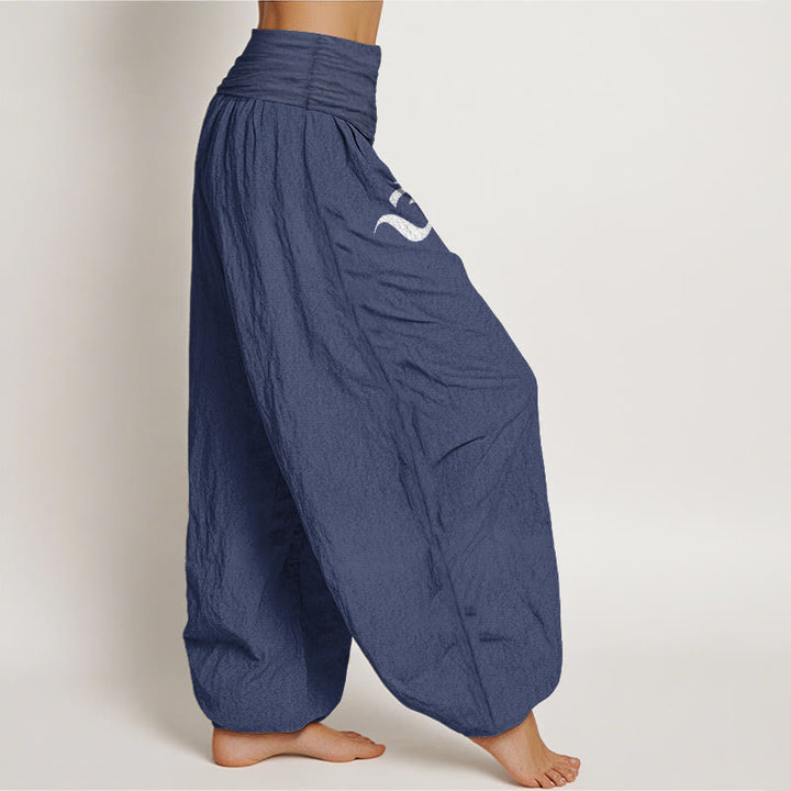 Pantalones tipo harem de algodón puro con cintura elástica y estampado de Buddha Stones, loto floreciente y símbolo Om. - image 6