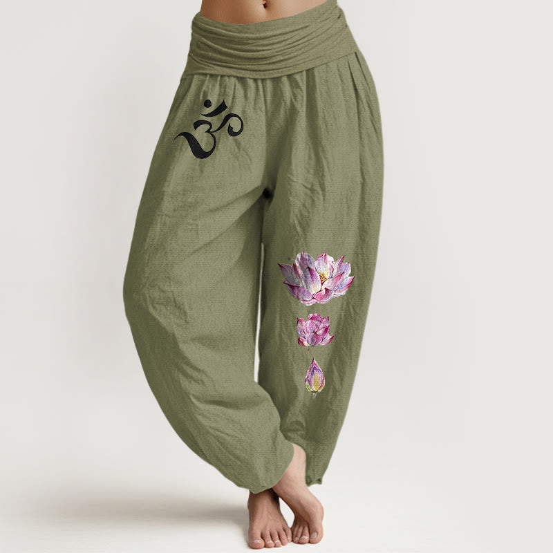 Pantalones tipo harem de algodón puro con cintura elástica y estampado de Buddha Stones, loto floreciente y símbolo Om. - Verde oliva - US16，UK/AU20，EU48 (3XL) - image 14