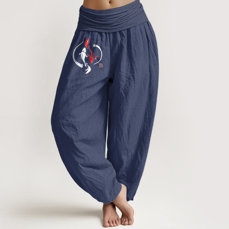 Pantalones tipo harem de algodón puro con cintura elástica y diseño de peces koi Yin Yang con Buddha Stones para mujer - Azul pizarra oscuro - US16，UK/AU20，EU48 (3XL) - image 8