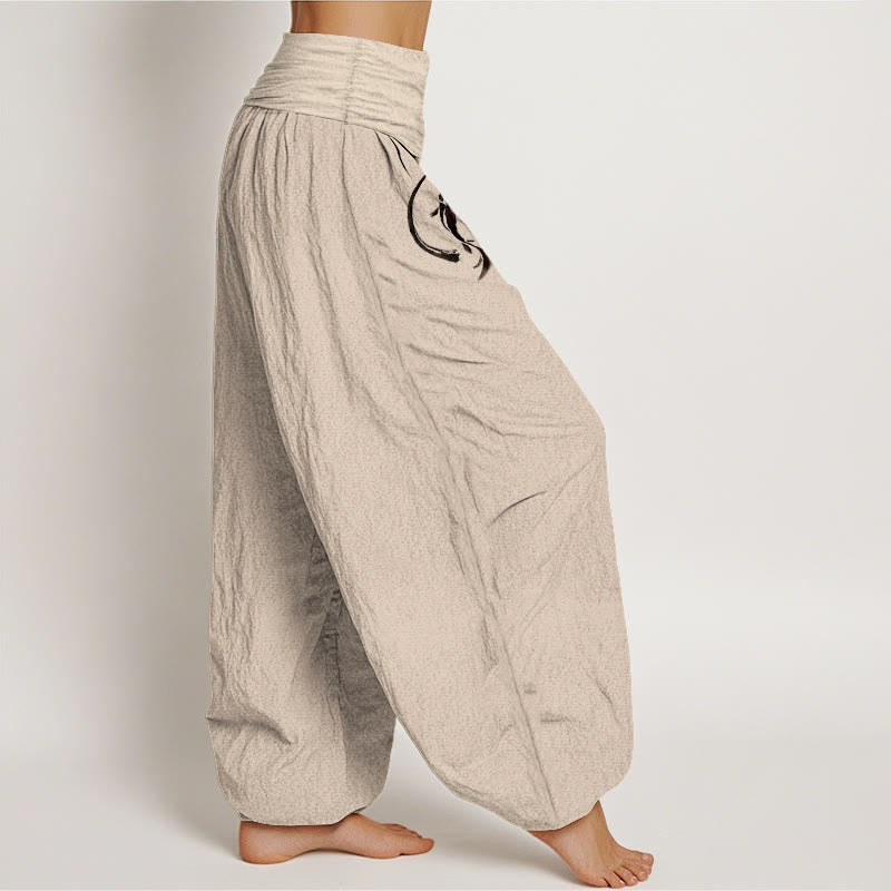 Pantalones tipo harem de algodón puro con cintura elástica y diseño de peces koi Yin Yang con Buddha Stones para mujer - image 1