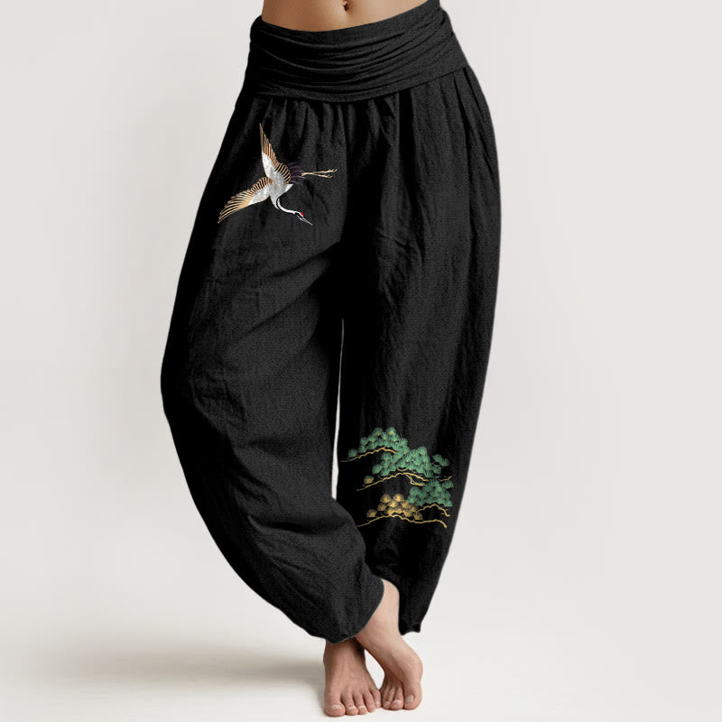 Pantalones bombachos de mujer Buddha Stones, de algodón puro, con estampado de grullas y pinos, cintura elástica. - Negro - US16，UK/AU20，EU48 (3XL) - image 5