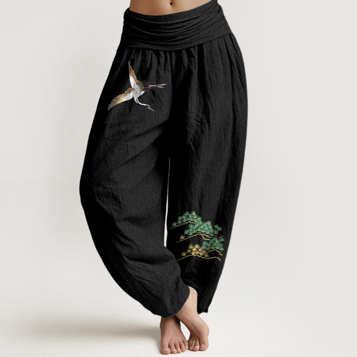 Pantalones bombachos de mujer Buddha Stones, de algodón puro, con estampado de grullas y pinos, cintura elástica. - Negro - US16，UK/AU20，EU48 (3XL) - image 5