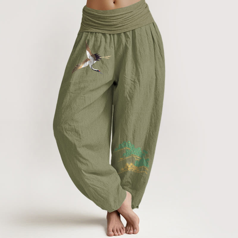 Pantalones bombachos de mujer Buddha Stones, de algodón puro, con estampado de grullas y pinos, cintura elástica. - Verde oliva - US16，UK/AU20，EU48 (3XL) - image 14
