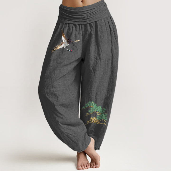 Pantalones bombachos de mujer Buddha Stones, de algodón puro, con estampado de grullas y pinos, cintura elástica. - Gris tenue - US16，UK/AU20，EU48 (3XL) - image 8