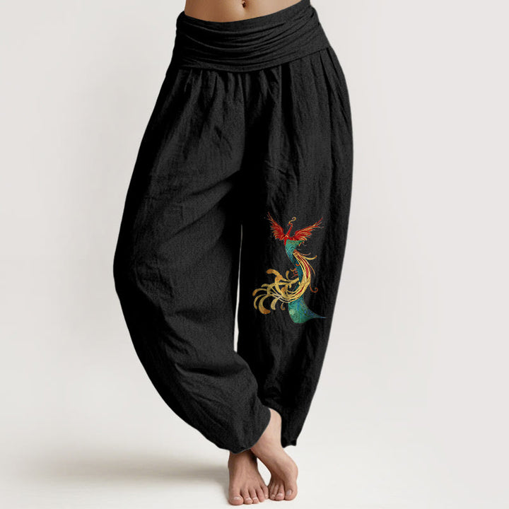 Pantalones bombachos de mujer Buddha Stones , de algodón puro, con estampado de fénix de colores y cintura elástica. - Negro - US16，UK/AU20，EU48 (3XL) - image 0