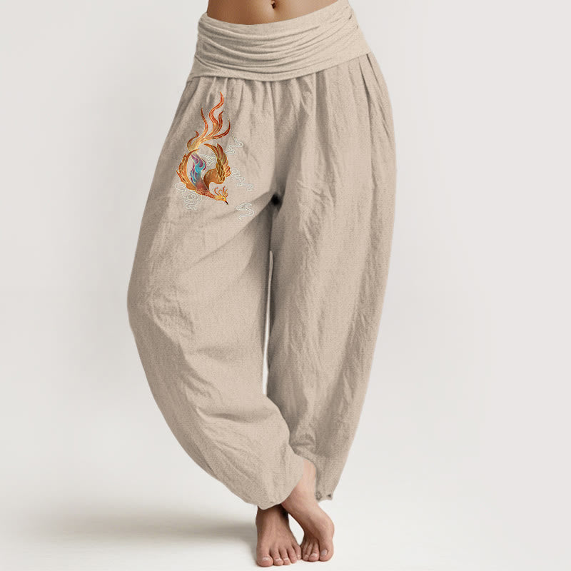 Pantalones tipo harem de cintura elástica con estampado de nubes auspiciosas y fénix para mujer de Buddha Stones, 100% algodón. - Broncearse - US16，UK/AU20，EU48 (3XL) - image 11