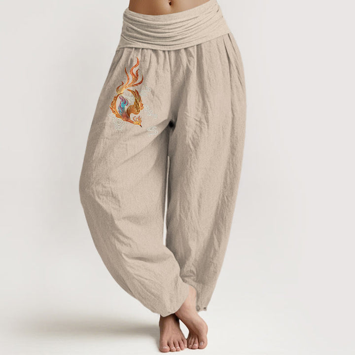 Pantalones tipo harem de cintura elástica con estampado de nubes auspiciosas y fénix para mujer de Buddha Stones, 100% algodón. - Broncearse - US16，UK/AU20，EU48 (3XL) - image 11