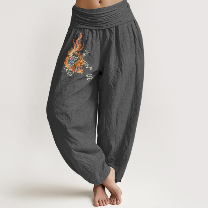 Pantalones tipo harem de cintura elástica con estampado de nubes auspiciosas y fénix para mujer de Buddha Stones, 100% algodón. - Gris tenue - US16，UK/AU20，EU48 (3XL) - image 8