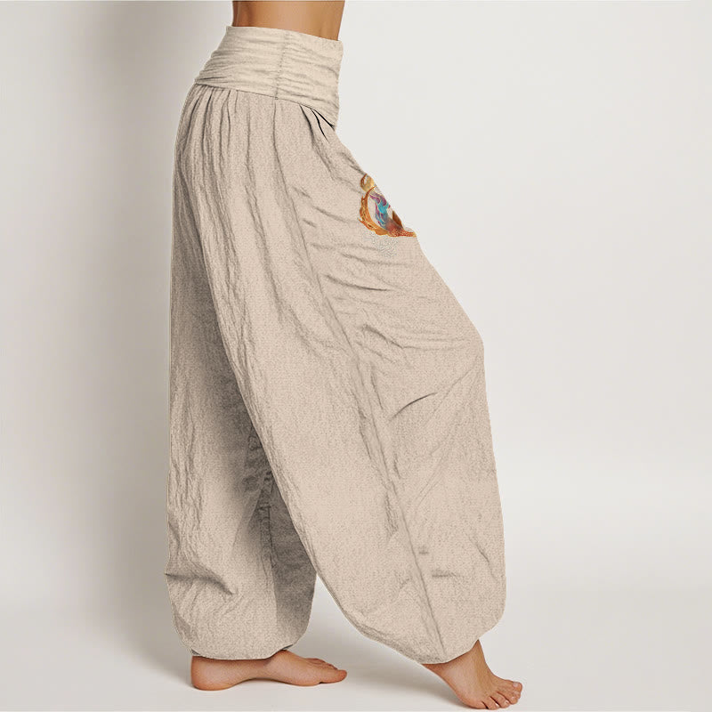 Pantalones tipo harem de cintura elástica con estampado de nubes auspiciosas y fénix para mujer de Buddha Stones, 100% algodón. - image 12