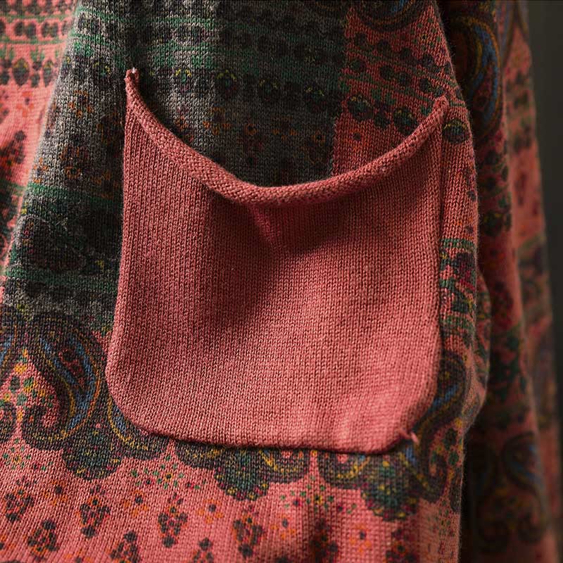 Suéter de algodón para mujer con cuello redondo, manga larga, estampado floral otoñal de Buddha Stones y bolsillo. - image 7