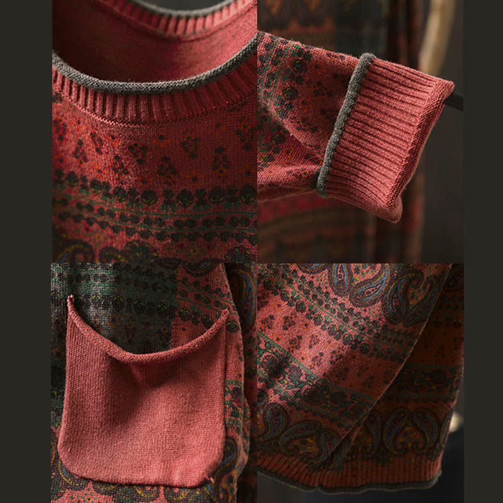 Suéter de algodón para mujer con cuello redondo, manga larga, estampado floral otoñal de Buddha Stones y bolsillo. - image 12