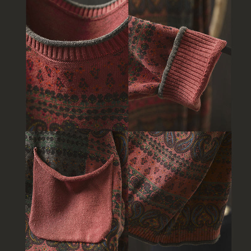 Suéter de algodón para mujer con cuello redondo, manga larga, estampado floral otoñal de Buddha Stones y bolsillo. - image 12