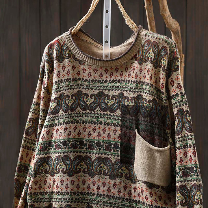 Suéter de algodón para mujer con cuello redondo, manga larga, estampado floral otoñal de Buddha Stones y bolsillo. - image 1