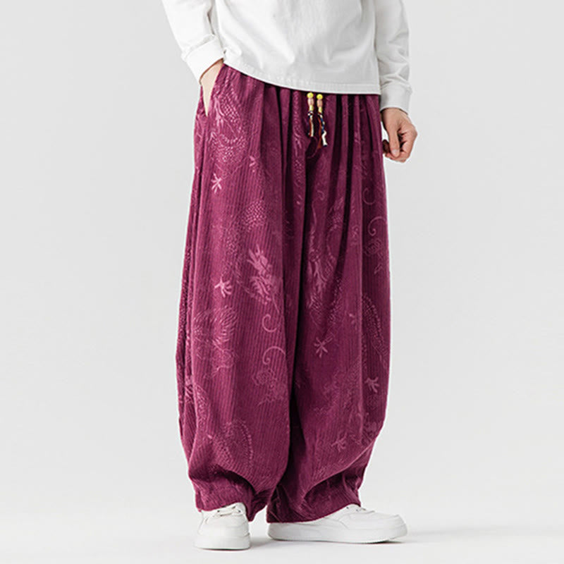 Pantalones tipo harem para hombre, de pana de algodón, con estampado de dragón y fénix de invierno con Buddha Stones y bolsillos. - image 12