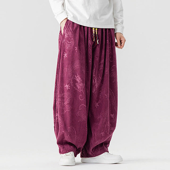 Pantalones tipo harem para hombre, de pana de algodón, con estampado de dragón y fénix de invierno con Buddha Stones y bolsillos. - image 12