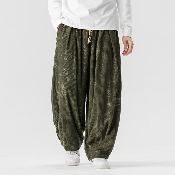 Pantalones tipo harem para hombre, de pana de algodón, con estampado de dragón y fénix de invierno con Buddha Stones y bolsillos. - image 0